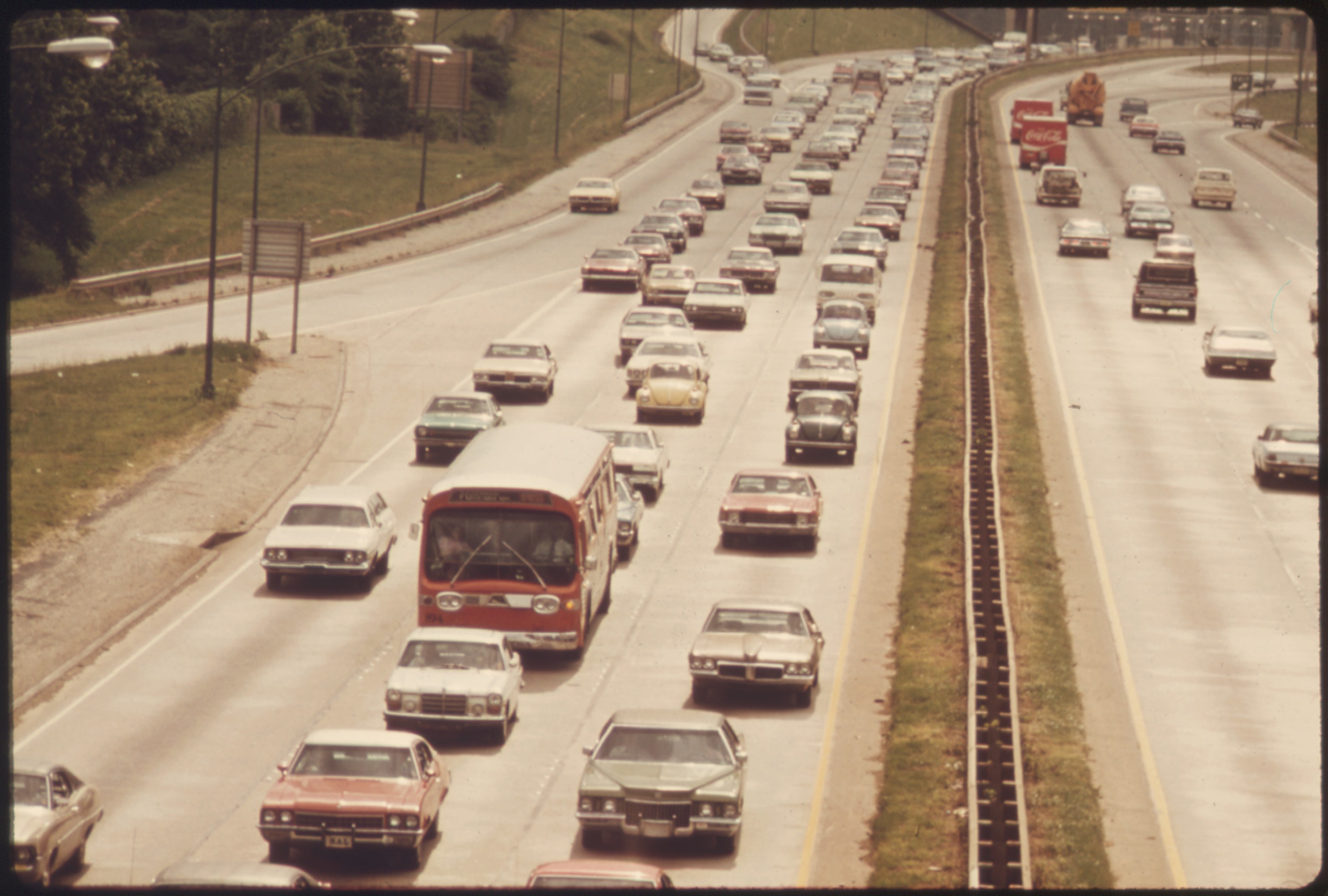 Antiquated bus on highway