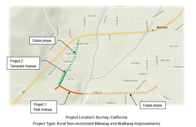 Map of the two Burney bike lane projects in Burney, California — Project 1 on Park Avenue and Project 2 on Tamarack Avenue — with future phases shown as dashed lines