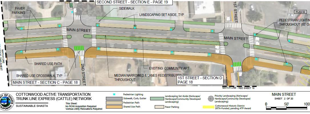 Aerial project drawing of Main Street through the Cottonwood Historic District showing the proposed shared use path and pedestrian lighting