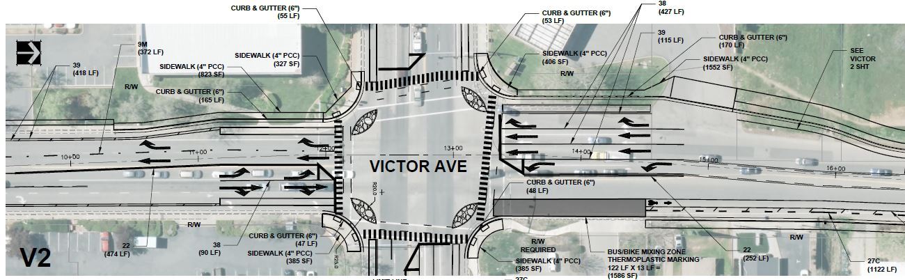 Aerial project drawing of a Victor Avenue intersection showing proposed sidewalks and a bus/bike mixing zone