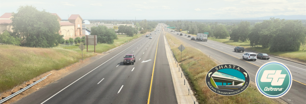 Photo of the Interstate 5 Freeway looking south on from a freeway overpass showing both directions of traffic. Caltrans and SRTA logos overlayed on the bottom right of the image.