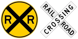 Two railroad crossing signs: a round sign and a crossbuck