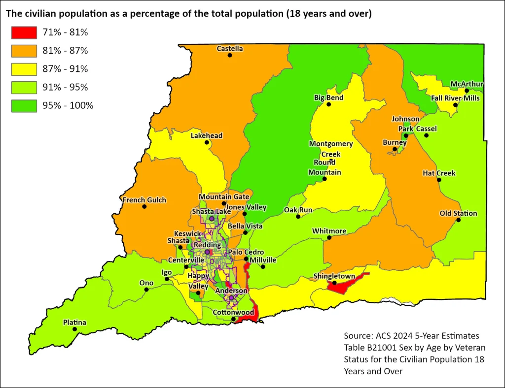 Map showing the civilian population as a percentage of the total population across block groups in Shasta County