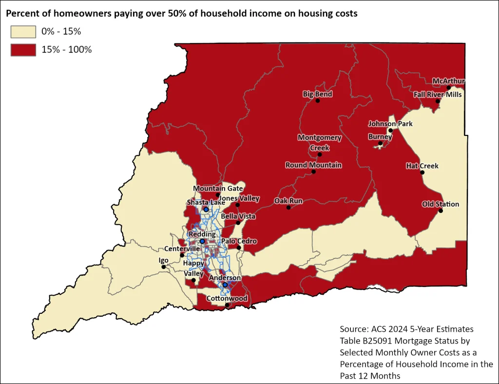 Map showing the percentage of homeowners paying over 50% of household income on housing costs across block groups in Shasta County