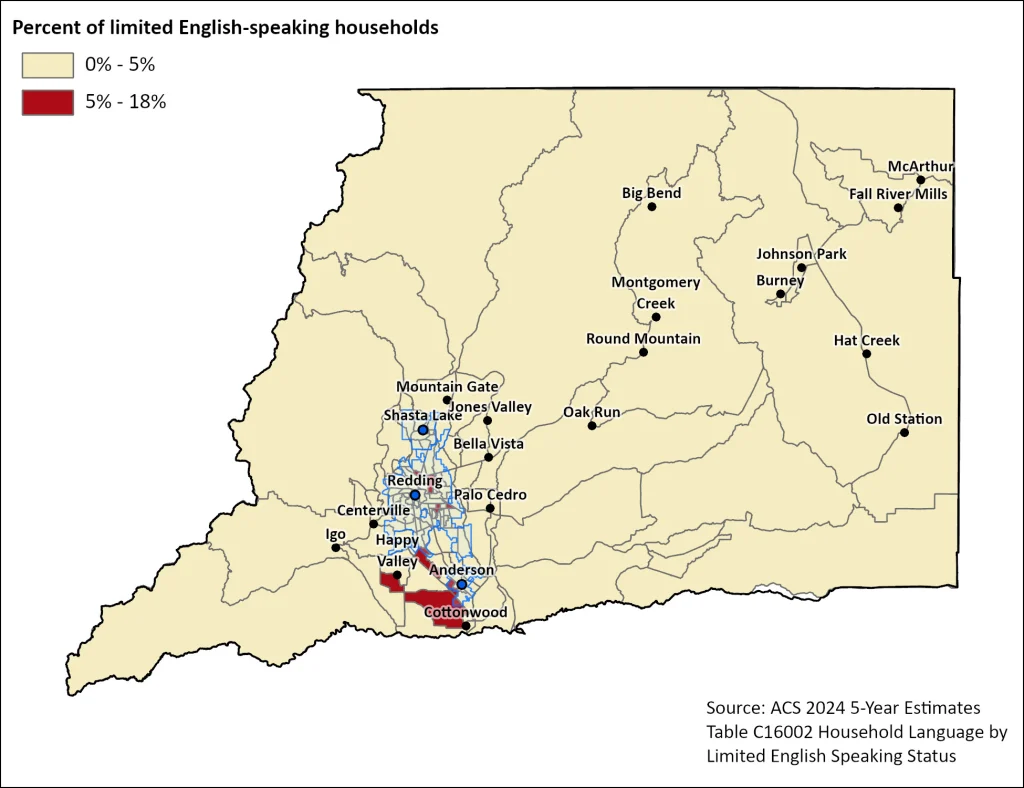 Map showing the percentage of limited English-speaking households across block groups in Shasta County