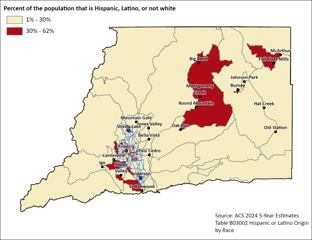Map showing the percent of the population that is Hispanic, Latino, or not white across block groups in Shasta County