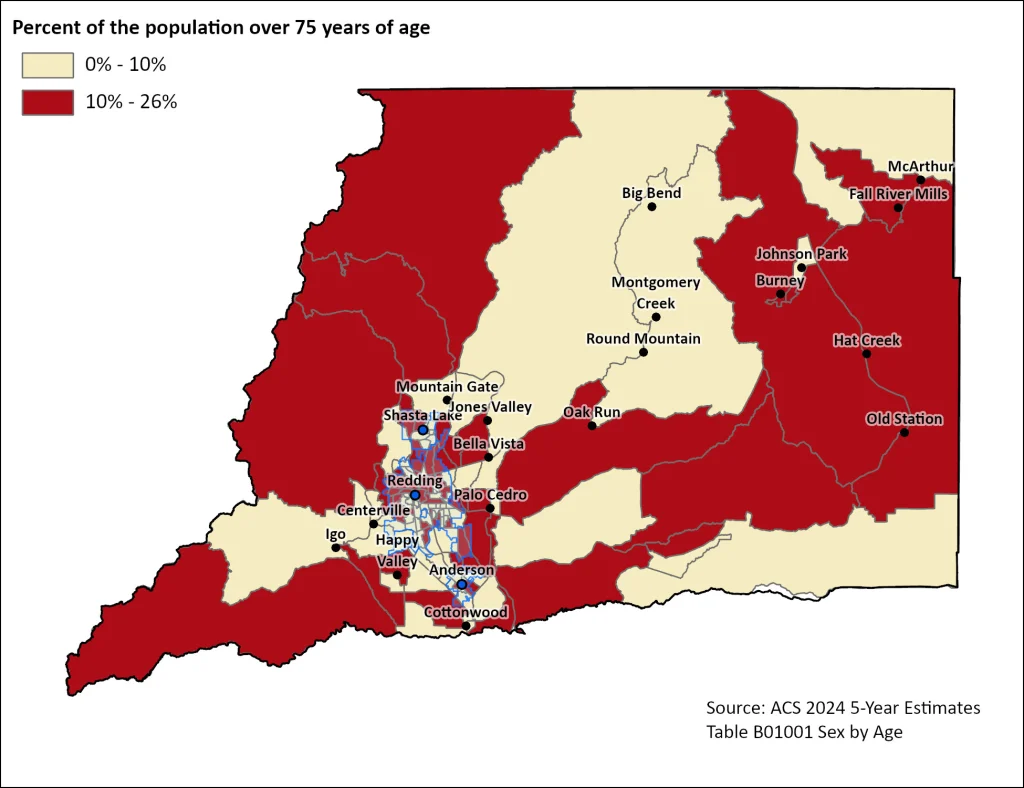 Map showing the percentage of the population over 75 years across block groups in Shasta County