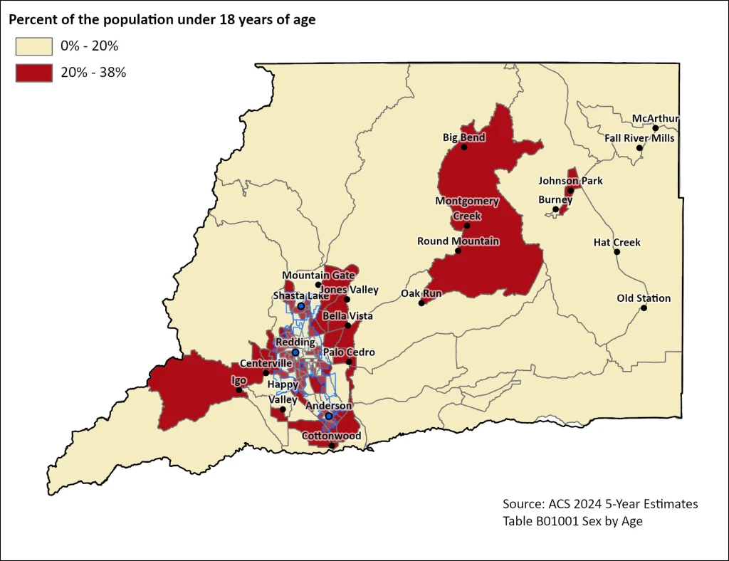 Map showing the percentage of the population under 18 years across block groups in Shasta County