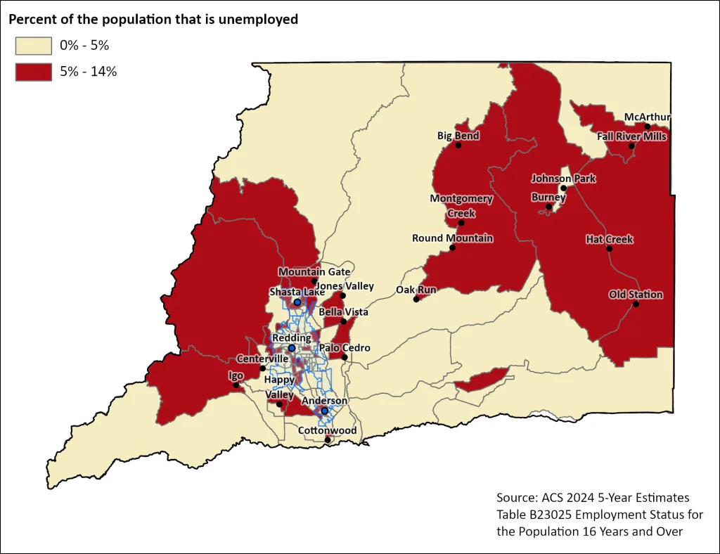 Map showing unemployment percentages across block groups in Shasta County