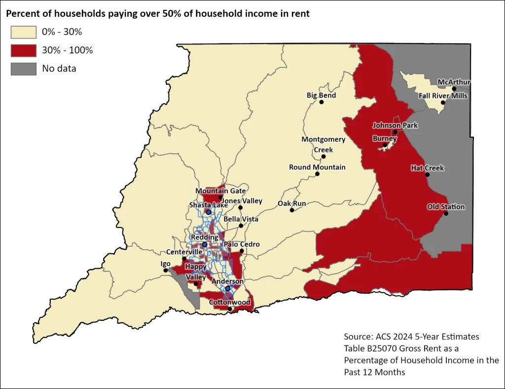 Map showing the percentage of households paying over 50% of household income in rent across block groups in Shasta County
